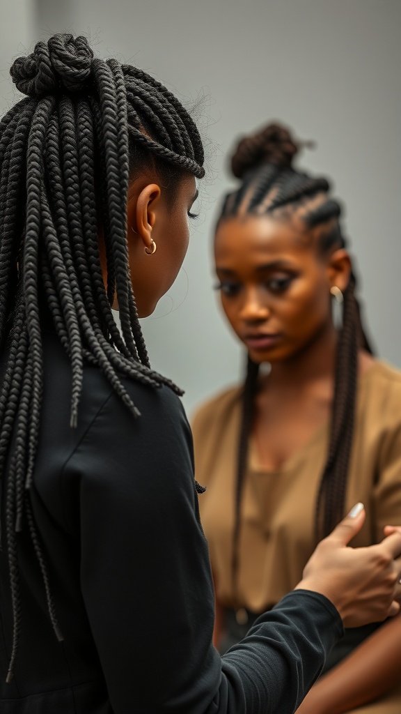 Two women discussing hairstyles, one with long knotless braids and the other with shorter braids.