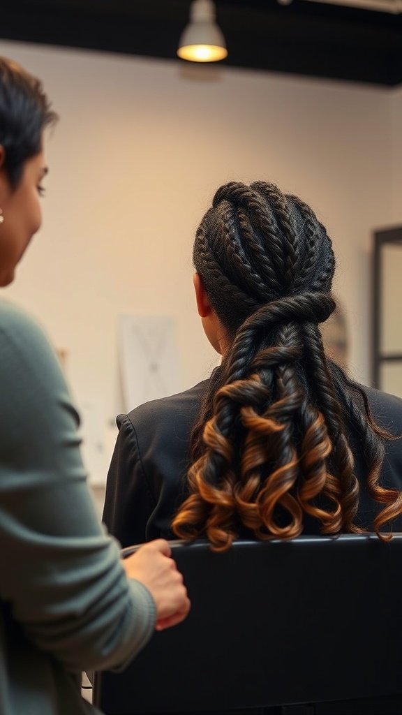 A stylist working on a client's hair, showcasing short knotless braids with curly ends.