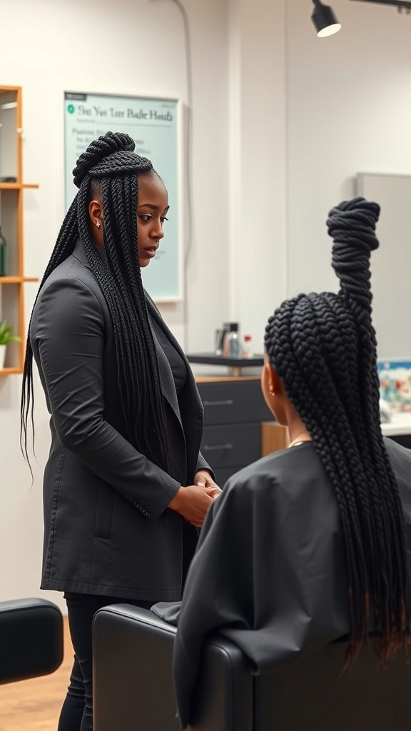 A stylist discussing with a client in a salon, preparing for boho knotless braids bob hairstyle.