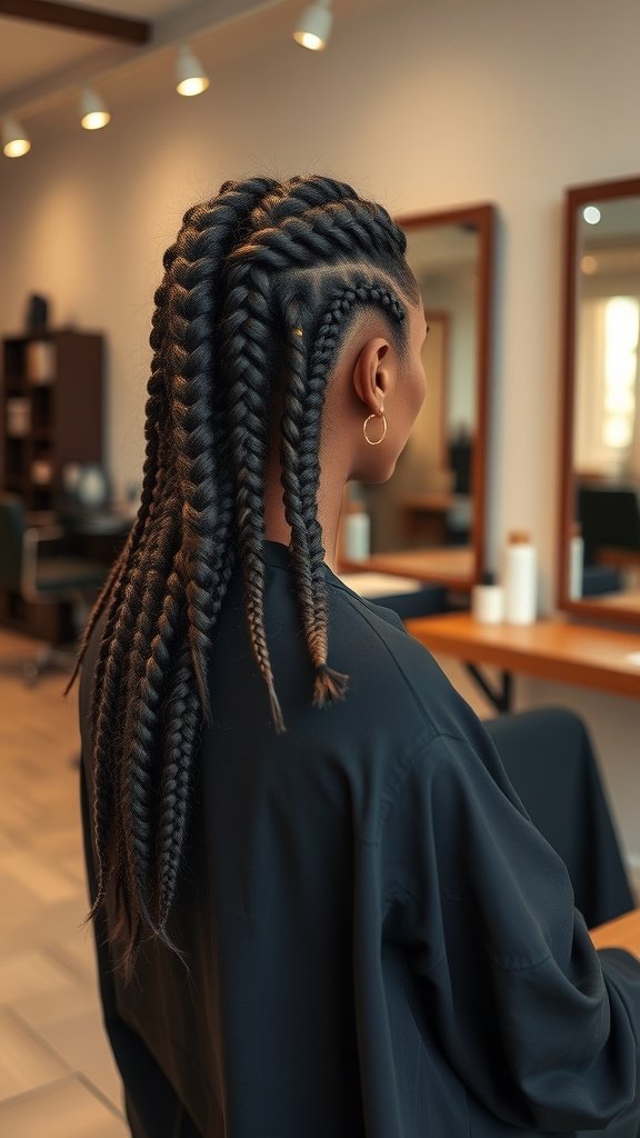 A woman with Fulani knotless braids sitting in a salon, showcasing intricate braided hairstyles.