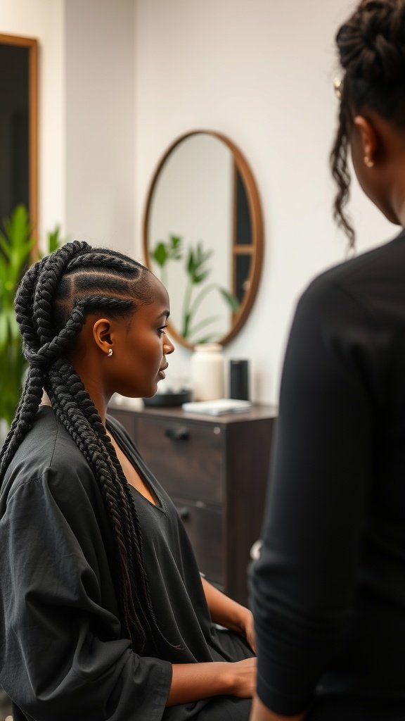A woman in a salon with long knotless braids, preparing for a hairstyle session.