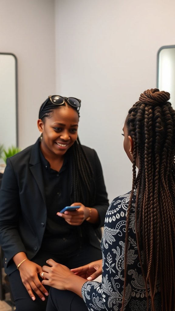 A stylist consulting with a client about knotless braids.