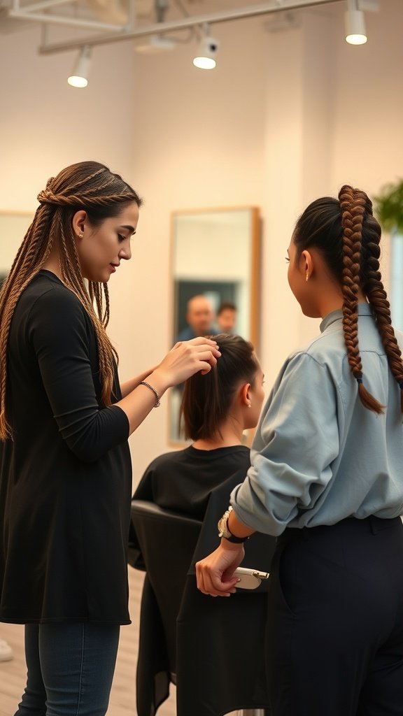 A stylist working on a client's hair, showcasing the process of creating large knotless braids in a salon setting.