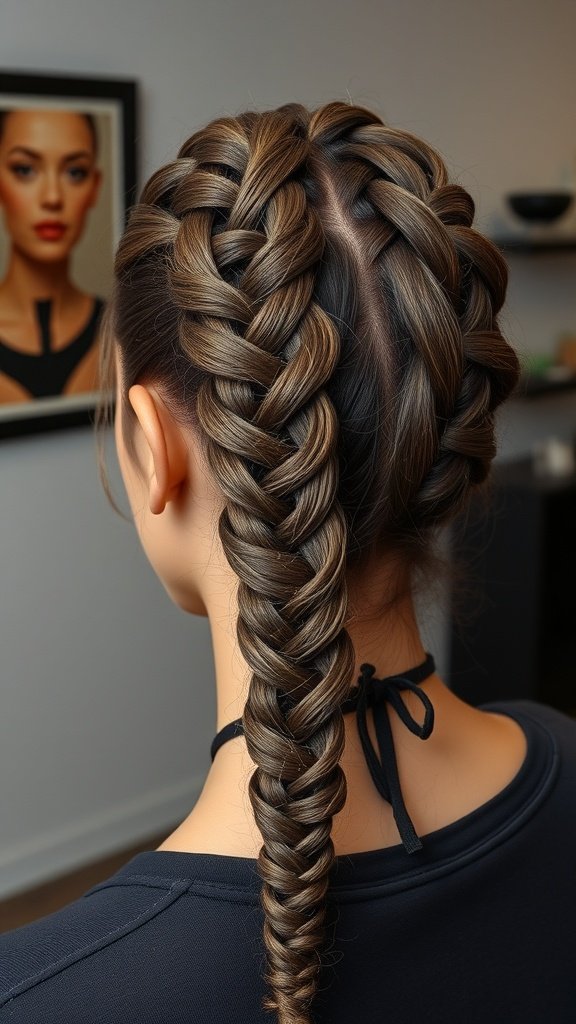 A close-up view of a woman's back with beautifully styled knotless braids, showcasing the intricate details and curls.