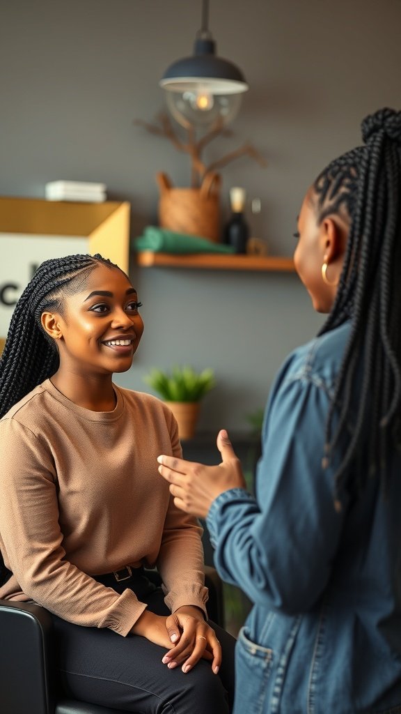 Two women discussing hair styling options in a cozy salon setting.