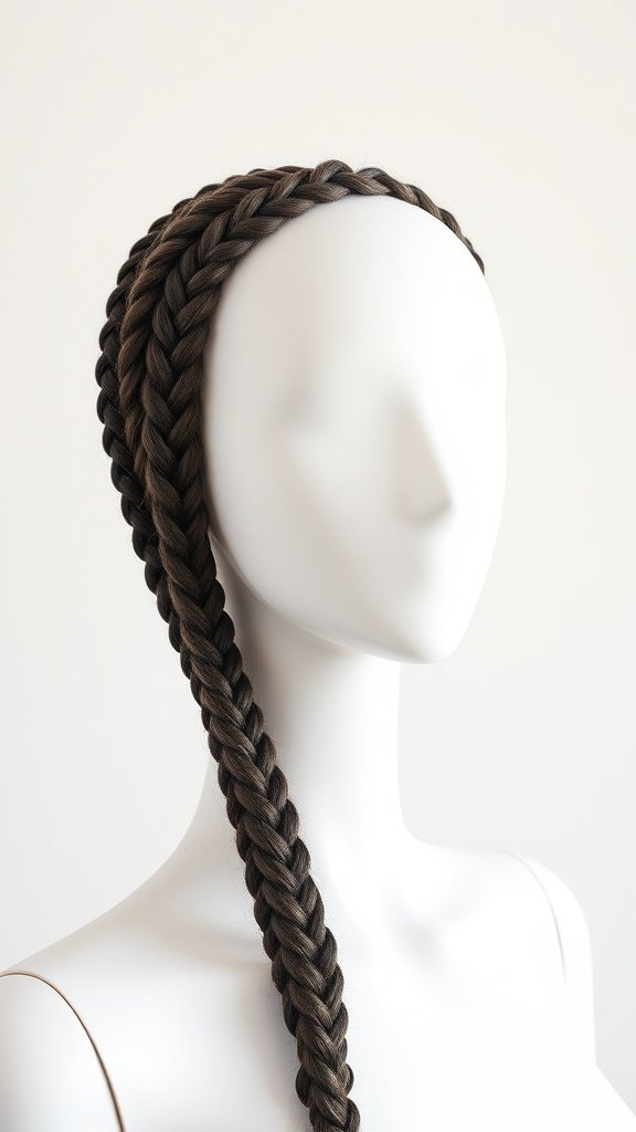 A mannequin showcasing a large boho knotless braid.