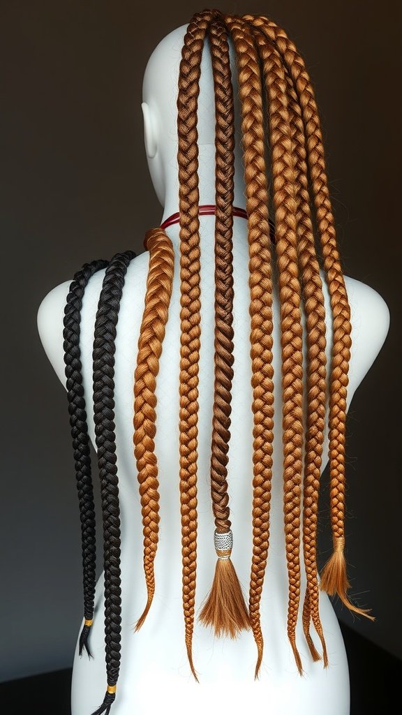A mannequin displaying various thicknesses of honey blonde knotless braids