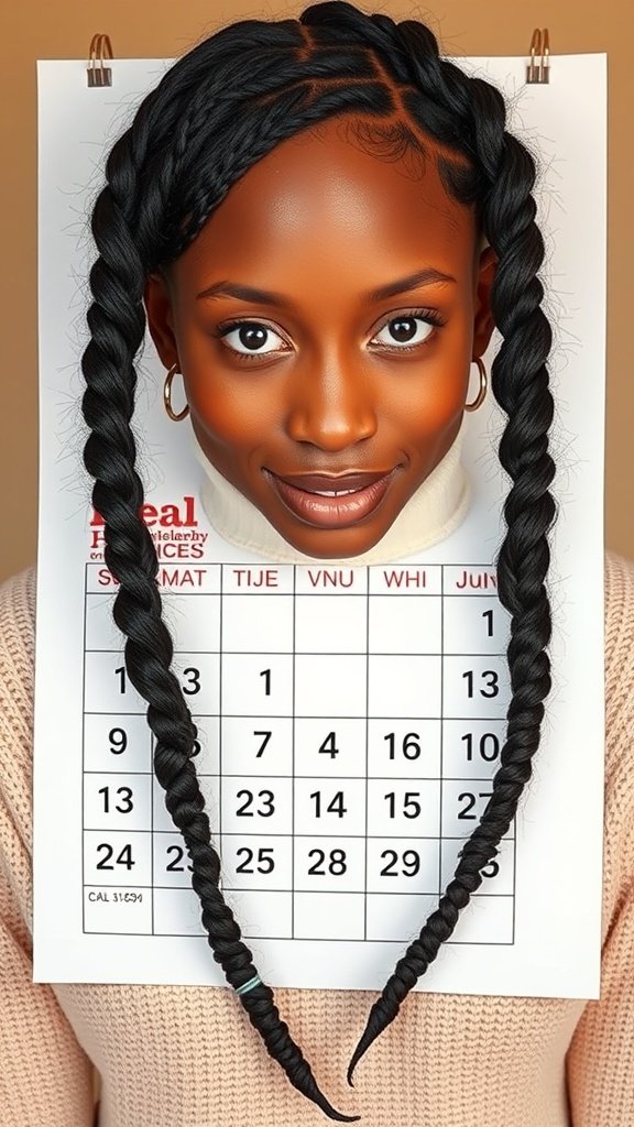 A calendar with a person showcasing large boho knotless braids, highlighting the importance of timing for installation.