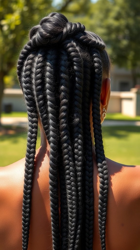 A close-up view of classic knotless box braids styled in an elegant updo.