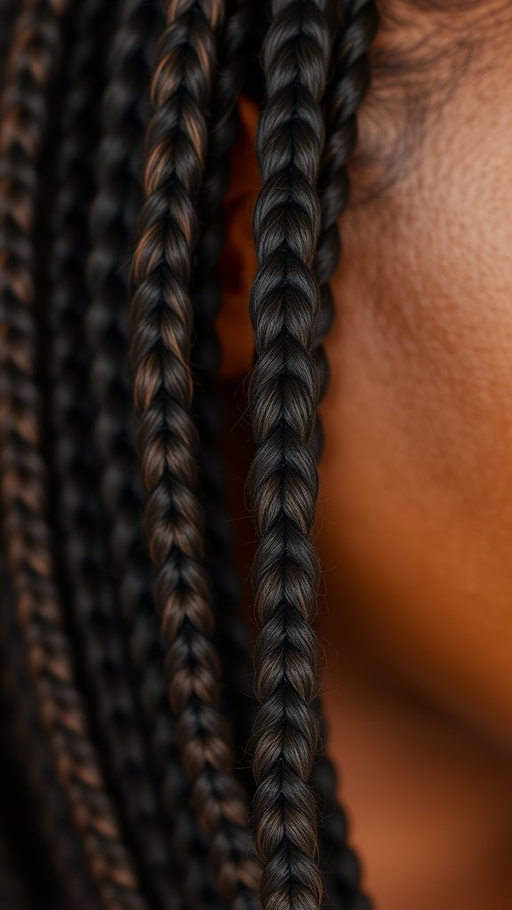 Close-up of classic knotless box braids showcasing neat and defined braids.