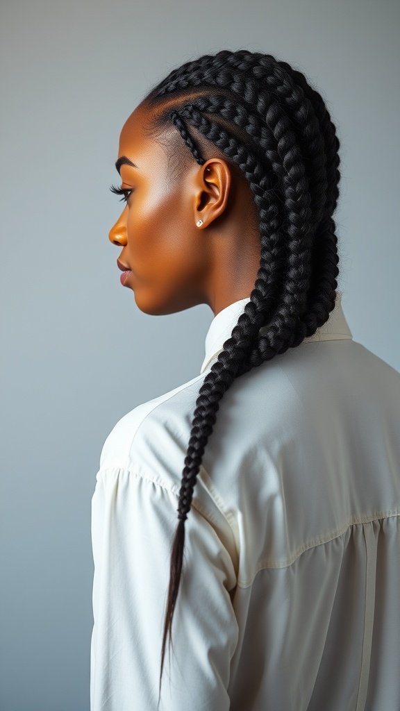 A woman showcasing classic straight knotless braids, highlighting their sleek and elegant appearance.