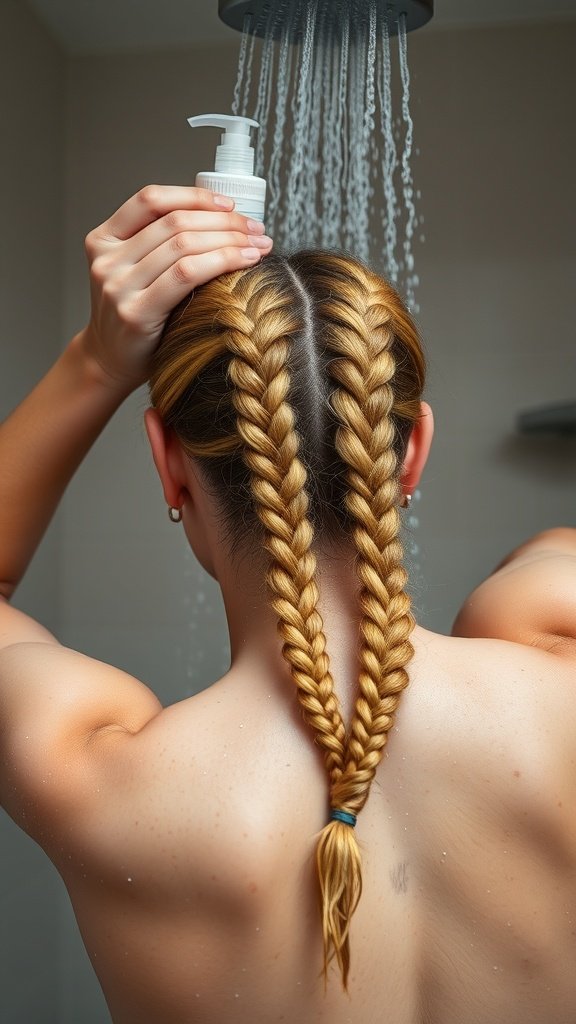 A person in the shower applying product to their honey blonde knotless braids.