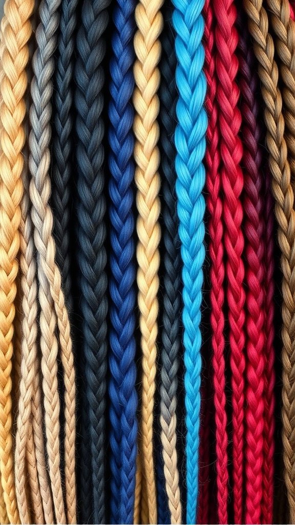 An array of braided hair in various colors including blonde, black, blue, and red.