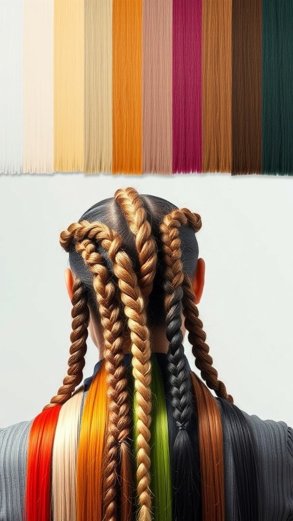 A variety of colorful hair strands displayed alongside braided hair, showcasing different color options for knotless braids.