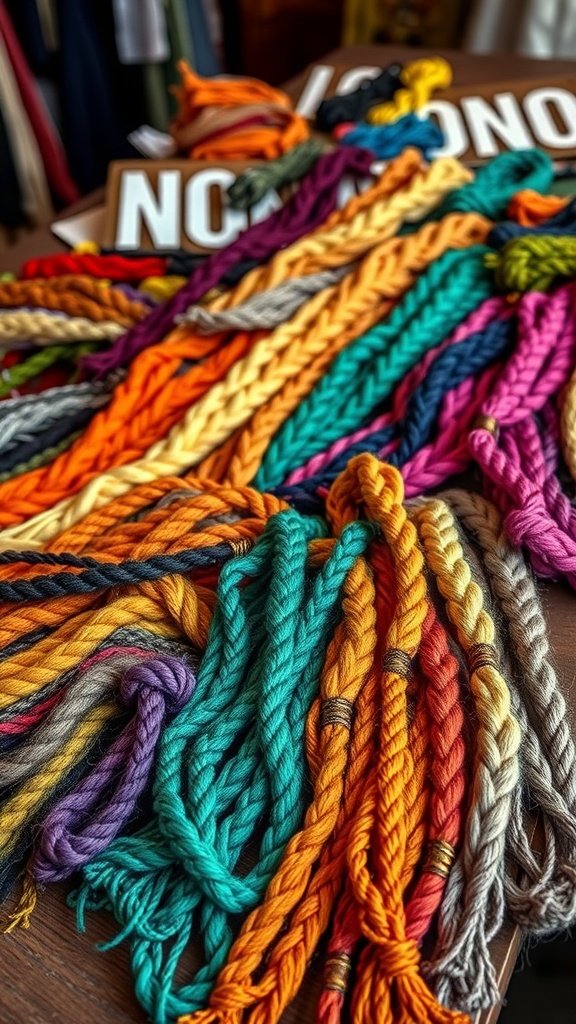 A colorful display of various braided hair strands showcasing different colors for knotless braids