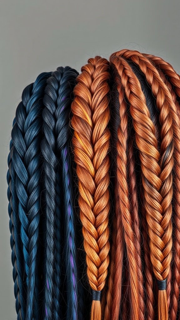 A close-up of various braided hair strands in different colors, showcasing the beauty of knotless twist braids.