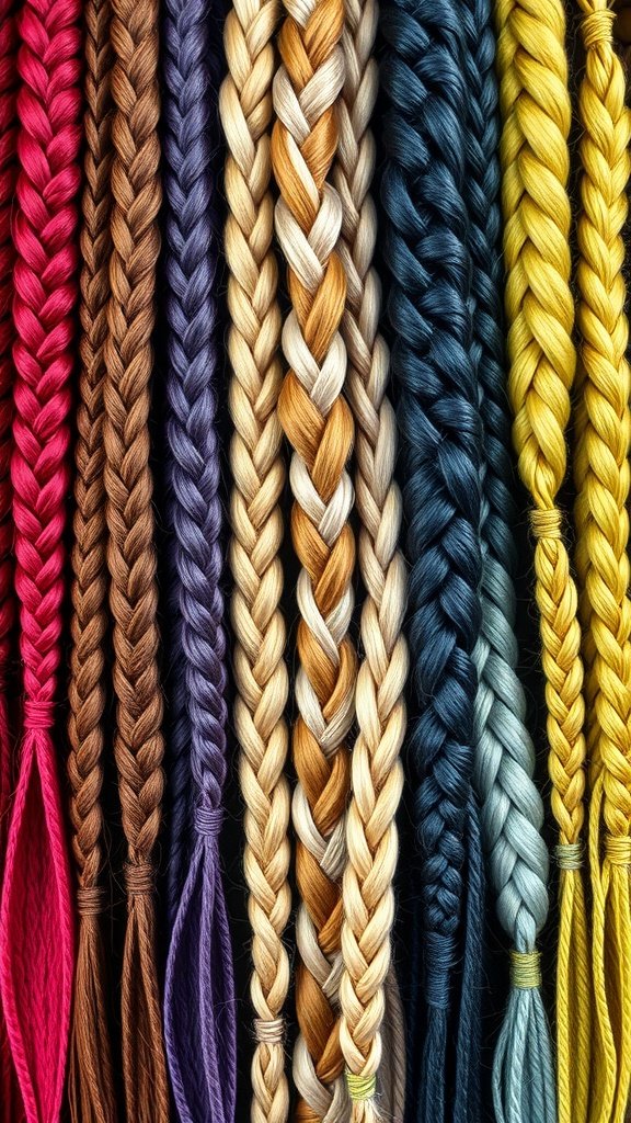 A variety of braided hair strands in different colors, showcasing options for XS knotless braids.