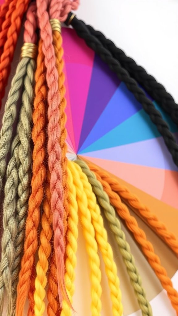 Colorful braided hair strands arranged in a fan shape, showcasing various shades including orange, yellow, green, and black.