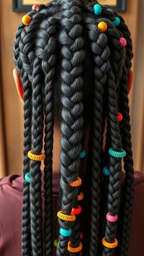 Close-up of colorful bead embellishments on black knotless braids.