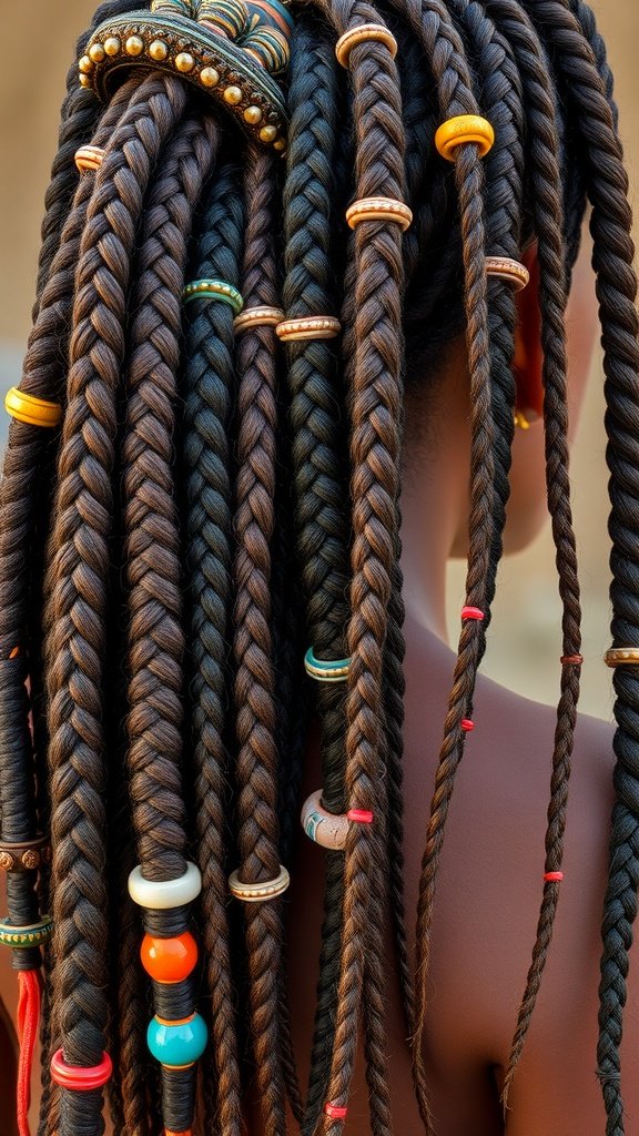 Colorful beaded knotless braids with various beads and intricate patterns.