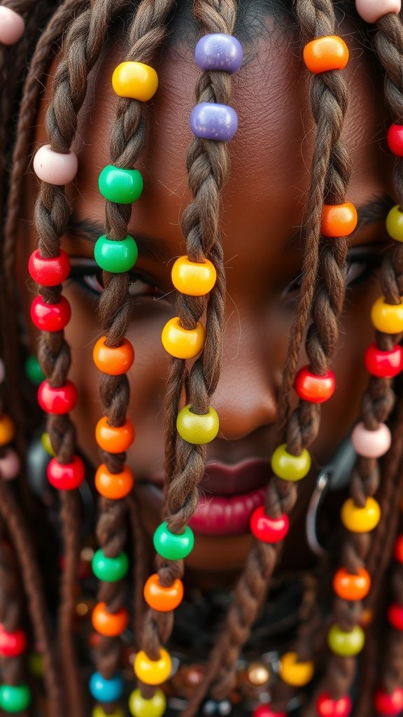 Close-up of colorful beaded knotless braids with vibrant beads