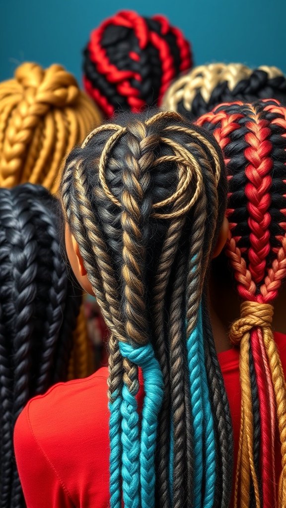 A group of people showcasing colorful short bohemian knotless braids in various styles and colors.