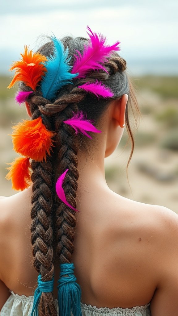A close-up of a woman's back showing colorful feather accents in her knotless braids.