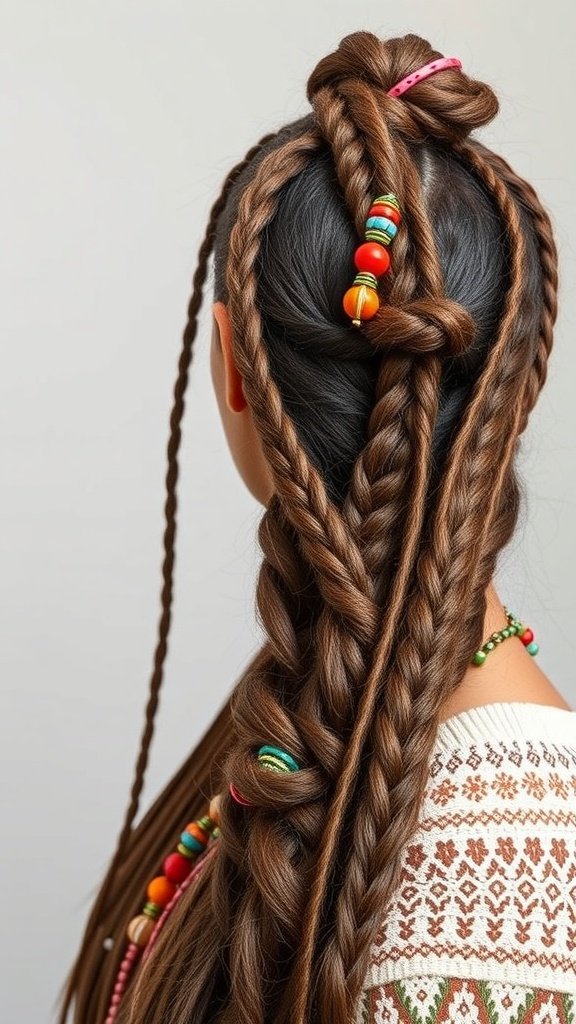 A hairstyle featuring boho knotless braids adorned with colorful beads and accessories.