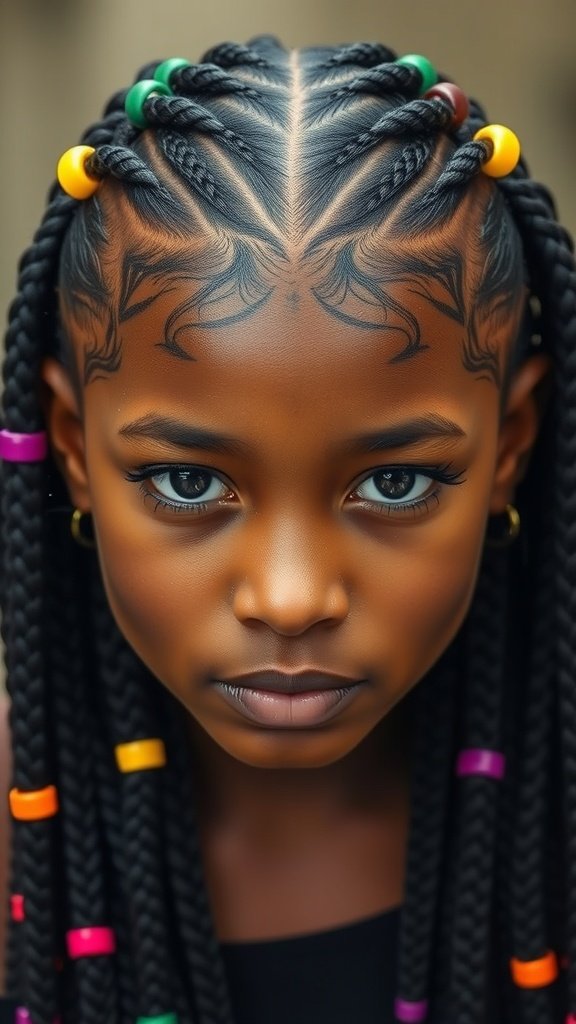 A close-up of a girl with colorful hair rings in her knotless braids, showcasing a stylish and vibrant hairstyle.