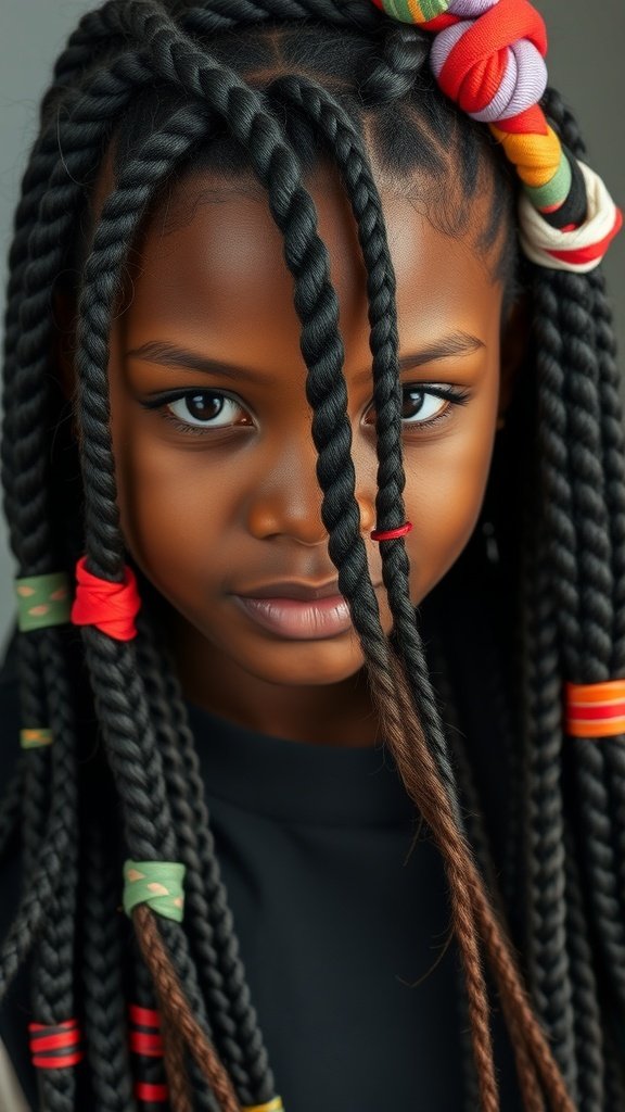 A close-up of a child with colorful boho knotless braids, featuring vibrant hair wraps.