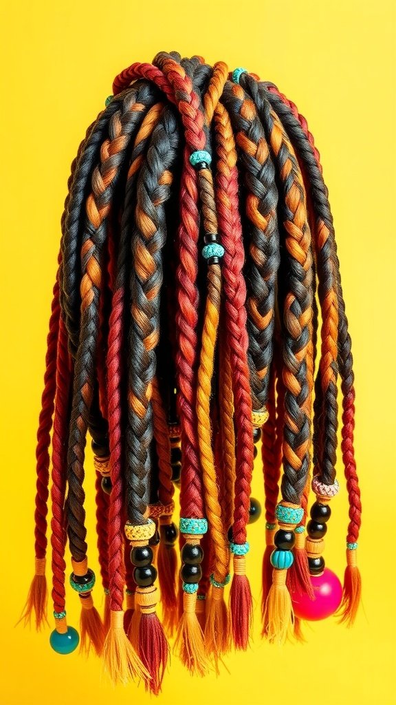 Colorful knotless braids with beads on a yellow background