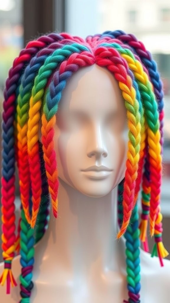 Colorful knotless braids with an ombre effect displayed on a mannequin.
