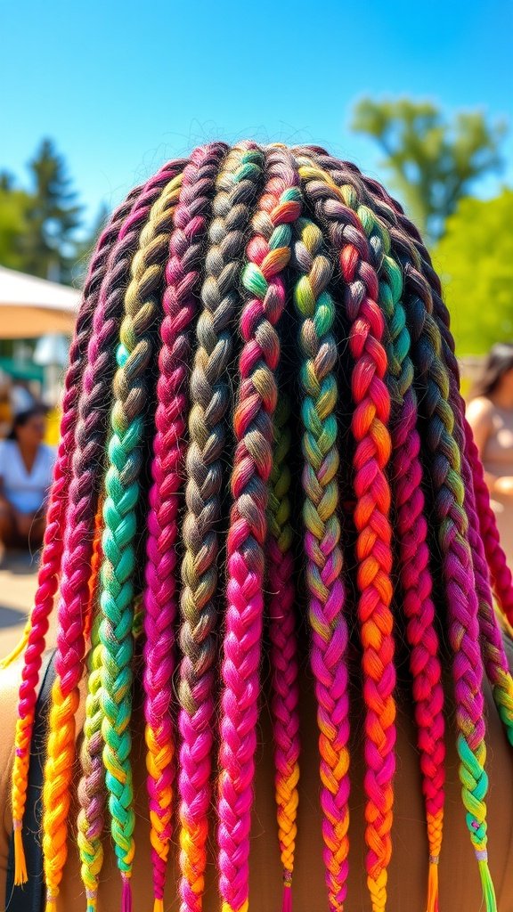 Colorful ombre knotless braids in vibrant hues of purple, yellow, green, and pink.