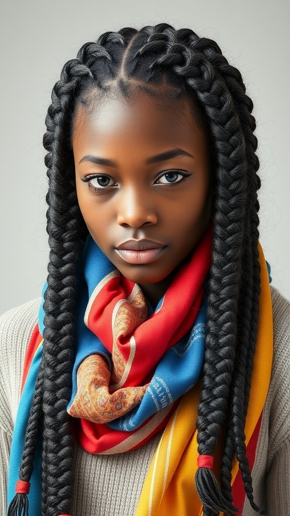 A model with boho knotless braids wearing a colorful scarf.