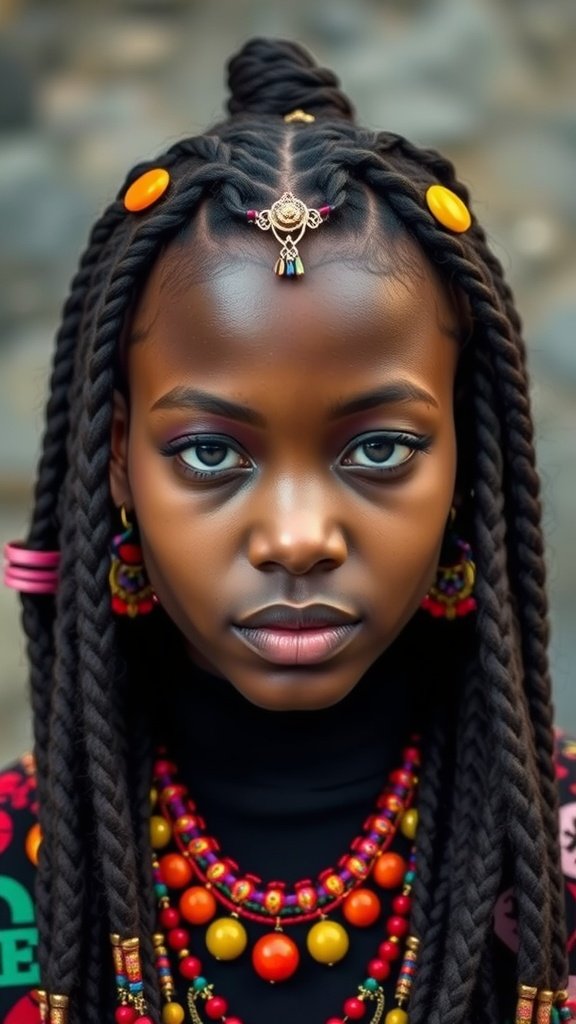 A young girl with colorful boho knotless braids adorned with accessories, showcasing a vibrant hairstyle.