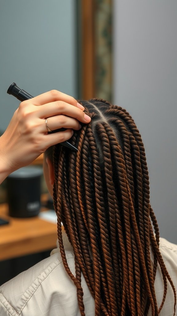 A close-up of a hand styling brown knotless braids on a person's head.