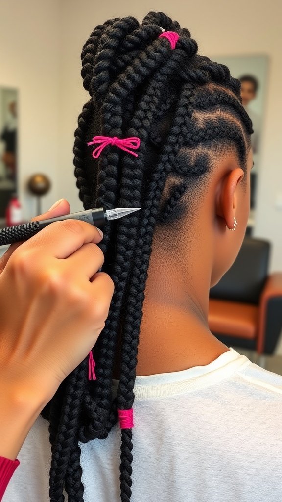 A stylist working on small knotless box braids with vibrant pink accessories.
