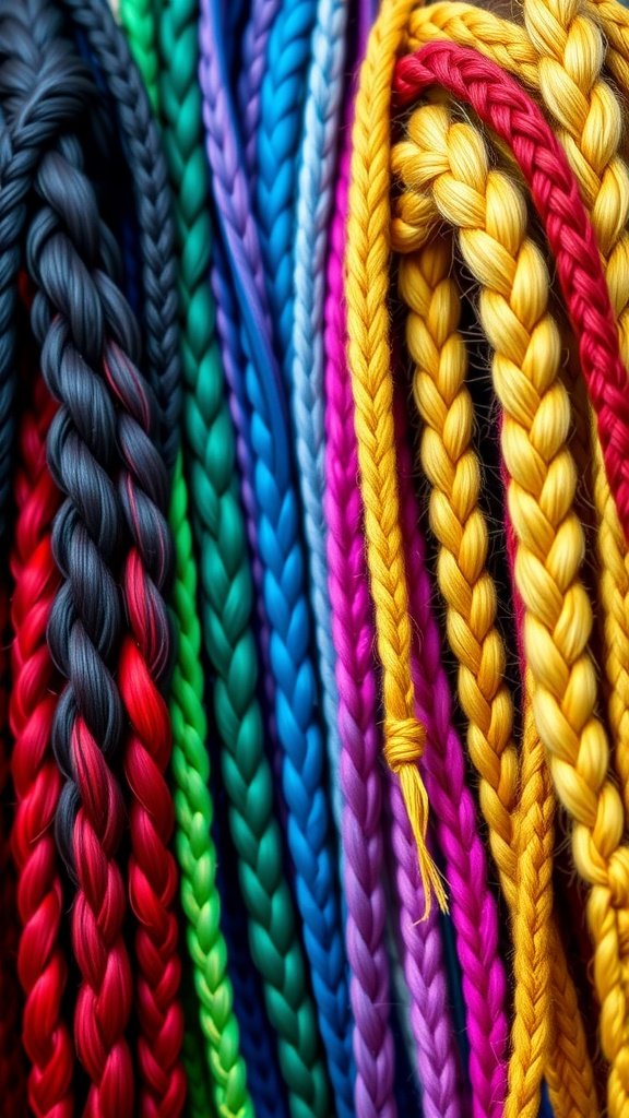 A vibrant display of braided hair in various colors, showcasing different styles of knotless box braids.