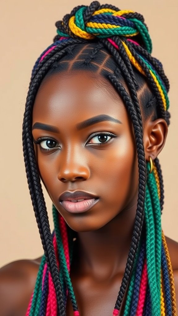 A woman with colorful knotless box braids styled in a bun, showcasing vibrant hues.