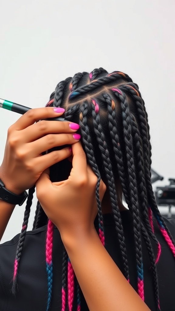 A stylist adding colorful highlights to knotless braids, featuring vibrant pink and blue strands.
