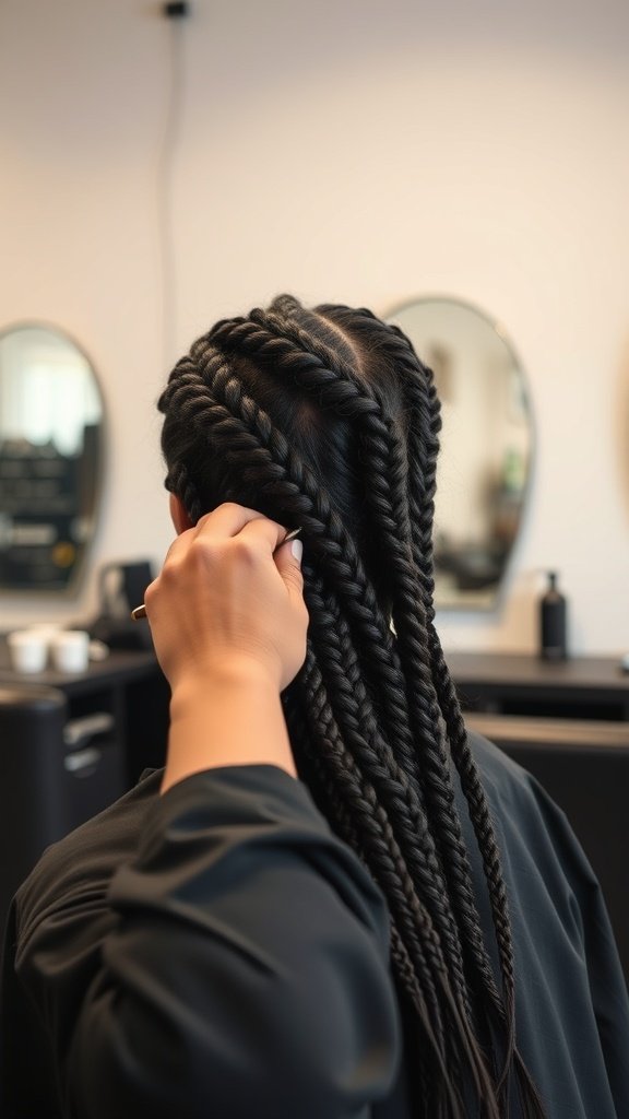 A person in a salon with knotless braids being styled, showcasing the intricate design and potential for color.