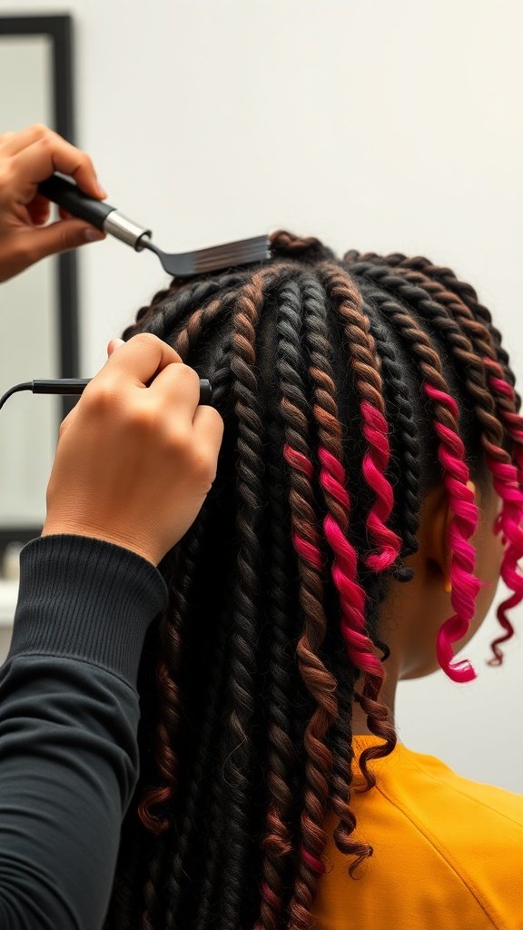 A stylist adding color to knotless braids with curls, showcasing vibrant pink highlights.