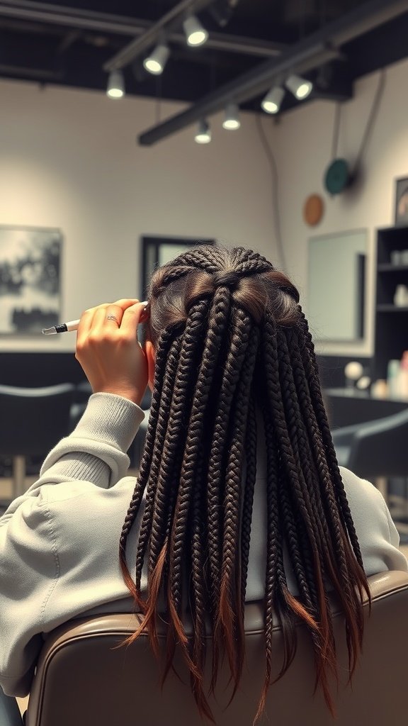A woman with knotless braids featuring curly ends, showcasing a stylish hairstyle in a salon setting.