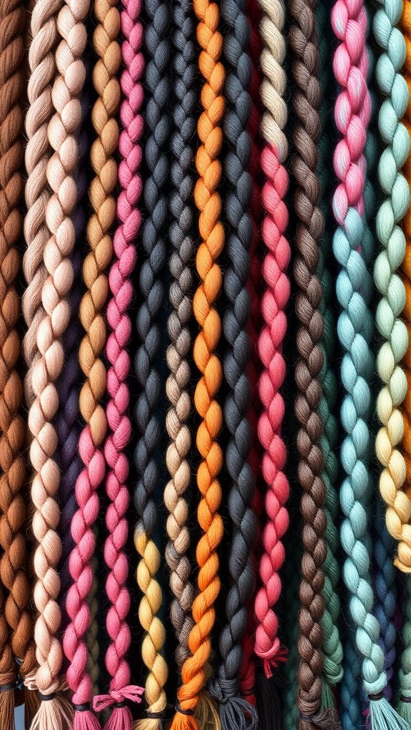 A vibrant display of colored braids in various shades