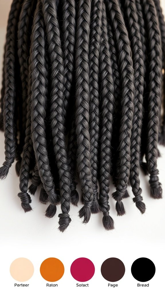 A close-up of small boho knotless braids in black, showcasing various color options below.