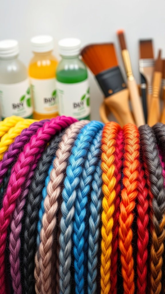 Colorful braided hair with dye bottles and brushes in the background
