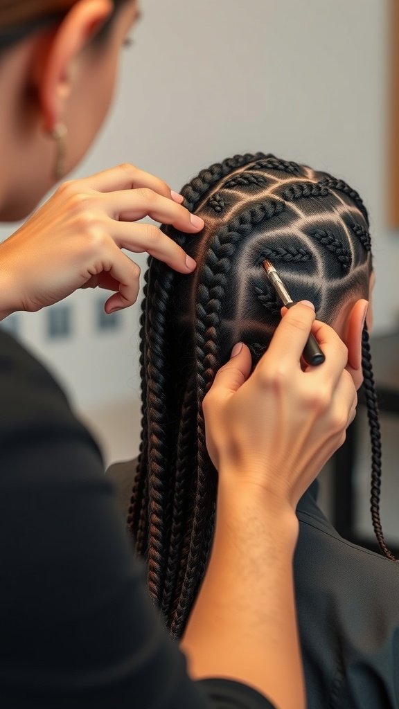 A stylist creating knotless braids on a client's hair, showcasing intricate patterns and braiding techniques.