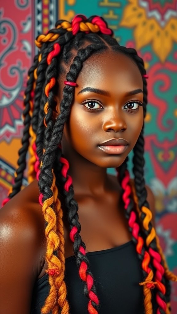 A young woman with colorful short knotless braids featuring black, red, and orange shades, styled with curly ends.