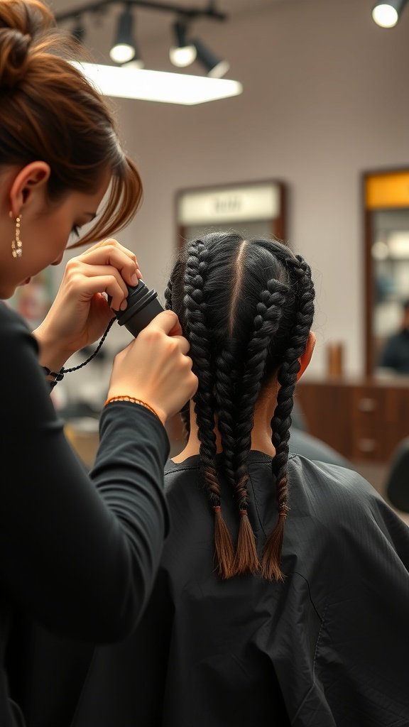 A stylist creating small knotless braids on a client's hair in a salon setting.