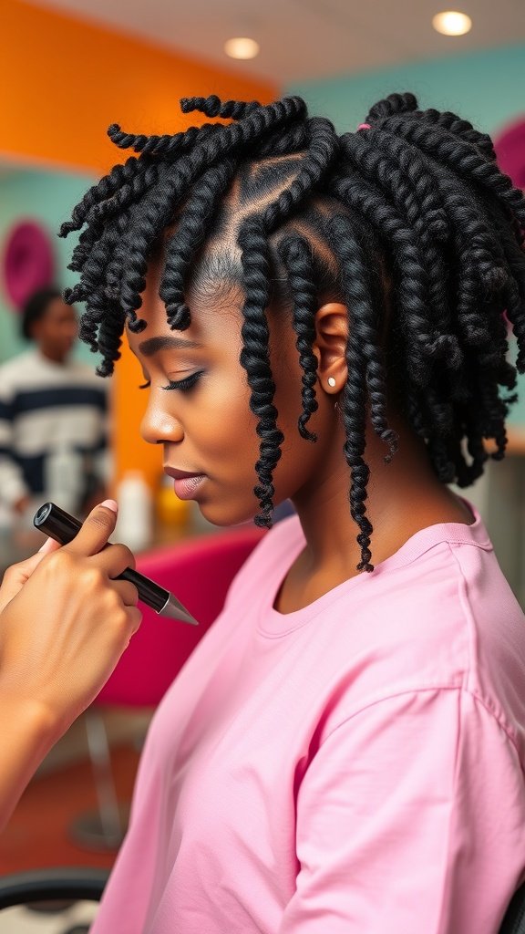 A woman with curly knotless braids in a salon, showcasing a stylish hairstyle.